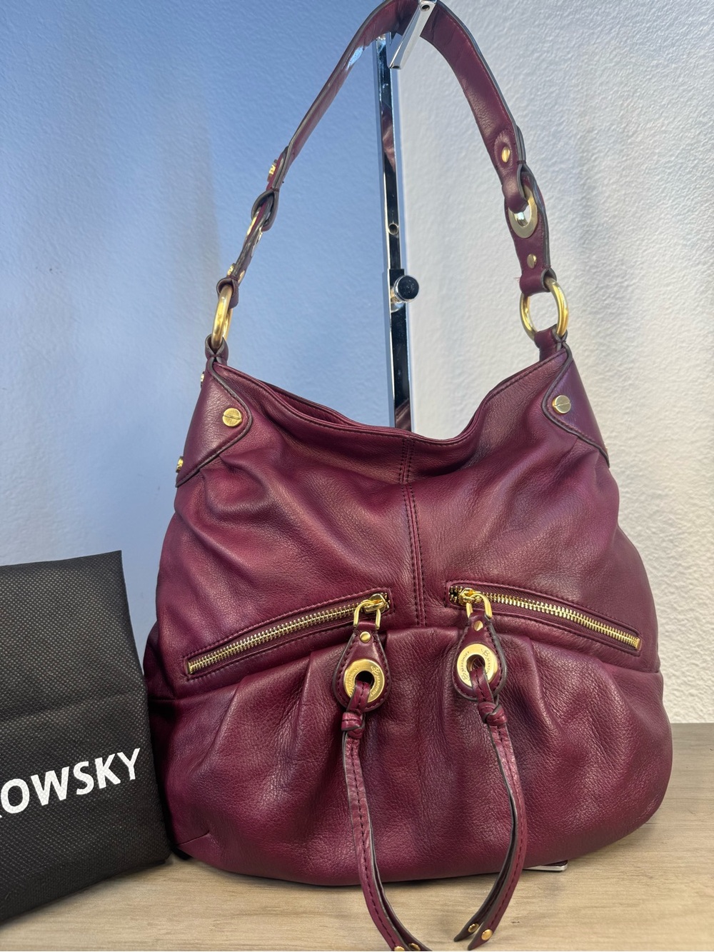 B. Makowsky Burgundy Leather Hobo Shoulder Bag Gold Hardware Leopard Lining